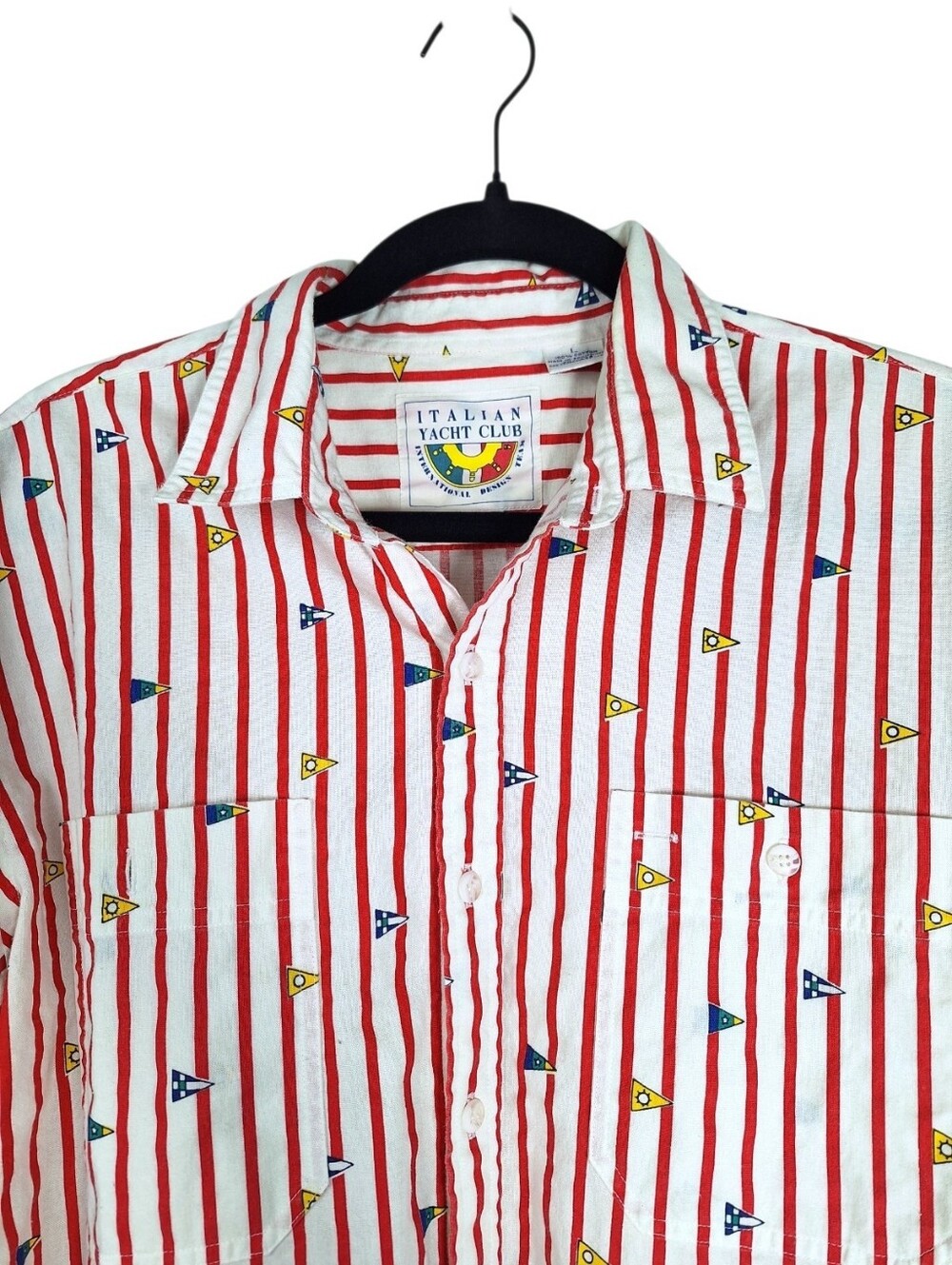 Vintage 80s 90s Red White Striped Nautical Button Up Shirt L Preppy 100% Cotton